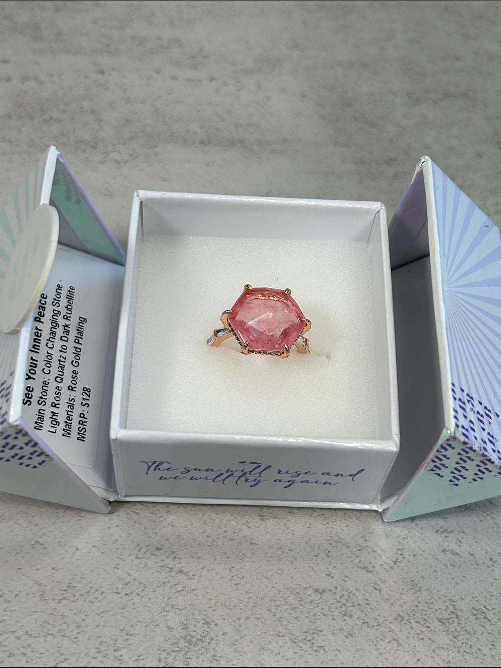 Hexagon Pink Gemstone Ring in Rose Gold Tone